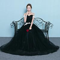 Formal Evening Dress A-line Off-the-shoulder Floor-length Tulle with Appliques Ruching