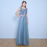 Formal Evening Dress - Vintage Inspired A-line Jewel Floor-length Satin Tulle with Flower(s) Pearl Detailing