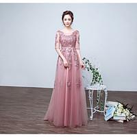 Formal Evening Dress A-line Jewel Floor-length Lace / Tulle with Lace