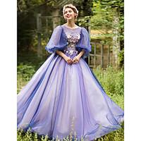 Formal Evening Dress - Vintage Inspired Ball Gown Jewel Floor-length Tulle with Appliques Beading Flower(s) Bandage