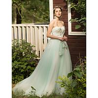 Formal Evening Dress - Lace-up A-line Sweetheart Sweep / Brush Train Tulle with Appliques Beading Bow(s) Flower(s) Bandage