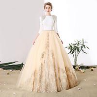 Formal Evening Dress Ball Gown Jewel Cathedral Train Satin / Tulle with Crystal Detailing / Lace / Pearl Detailing