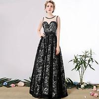 Formal Evening Dress - See Through A-line Scoop Floor-length Lace with Crystal Detailing