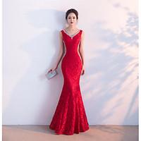 Formal Evening Dress - Sexy Trumpet / Mermaid V-neck Floor-length Lace with Beading