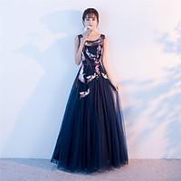 formal evening dress lace up a line jewel floor length tulle with appl ...