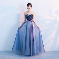 Formal Evening Dress A-line Strapless Floor-length Tulle with Beading Flower(s) Sash / Ribbon