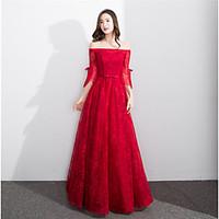 Formal Evening Dress - Lace-up A-line Off-the-shoulder Floor-length Lace with Sash / Ribbon