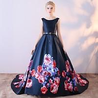 Formal Evening Dress Ball Gown Scoop Court Train Satin Chiffon with Pattern / Print