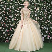 Formal Evening Dress - Lace-up Ball Gown Jewel Floor-length Lace Satin Tulle withBeading Lace Pearl Detailing Sash / Ribbon Sequins