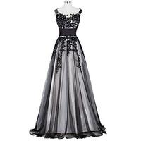 Formal Evening Dress A-line Jewel Floor-length Lace with Appliques / Beading / Lace