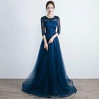 Formal Evening Dress - See Through A-line Jewel Floor-length Tulle with Sash / Ribbon