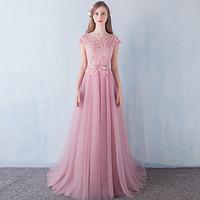 Formal Evening Dress A-line Scoop Floor-length Lace / Tulle / Stretch Satin with Beading / Bow(s) / Lace / Sash / Ribbon