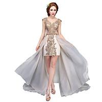 Formal Evening Dress Ball Gown V-neck Asymmetrical Lace / Organza with Beading