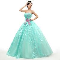 Formal Evening Dress - Lace-up Ball Gown Strapless Floor-length Organza Tulle Charmeuse withAppliques Beading Flower(s)