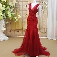 formal evening dress trumpet mermaid v neck sweep brush train lace tul ...