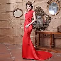 Formal Evening Dress Trumpet / Mermaid High Neck Floor-length Satin with Beading / Flower(s) / Lace / Sash / Ribbon