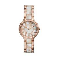 Fossil Virginia ladies\' quartz cubic zirconia rose gold-tone and white acetate bracelet watch