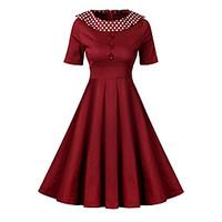 Formal Party Vintage A Line Sheath Little Black Dress, Polka Dot Color Block Pleated Round Neck Midi Short Sleeve Cotton RayonRed