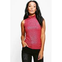 Foil Print Rib Neck Top - burgundy