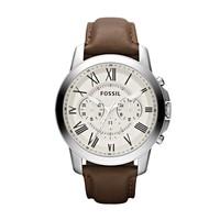 Fossil Grant men\'s chronograph white dial brown leather strap watch