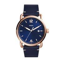 fossil gents commuter blue dial blue leather strap watch