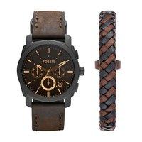 fossil machine brown leather watch and brown leather bracelet set