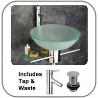 Frosted Circular 42cm Glass Padova Wall Mounted Washbasin with Mount and Tap