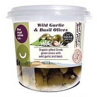 fresh real olive co organic wild garlic and basil olives 185g