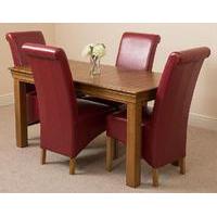 French Rustic Solid Oak 150 cm Dining table with 4 Burgundy Montana Leather Chairs
