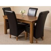French Rustic Solid Oak 150 cm Dining Table with 4 Black Montana Leather Chairs