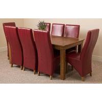 French Rustic Solid Oak 180 cm dining Table with 8 Burgundy Lola Leather Chairs