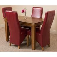 French Rustic Solid Oak 120 cm Dining Table with 4 Burgundy Lola Leather Chairs