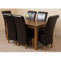 French Rustic Solid Oak 150cm Dining Table with 6 Black Montana Leather Chairs