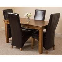 French Rustic Solid Oak 150 cm Dining Table with 4 Brown Lola Leather Chairs