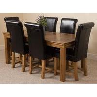 French Rusitc Solid Oak 180 cm Dining Table with 6 Black Washington Leather Chairs