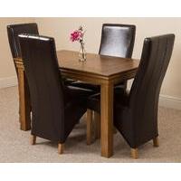 French Rustic Solid Oak 120 cm Dining Table with 4 Brown Lola Leather Chairs