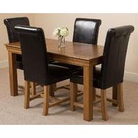 French Rustic Solid Oak 150 cm Dining Table with 4 Black Washington Leather Chairs