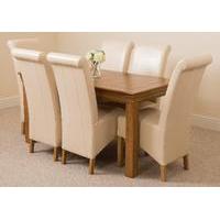 French Rustic Solid Oak 150cm Dining Table with 6 Ivory Montana Leather Chairs