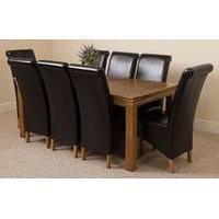 French Rustic Solid Oak 180 cm Dining Table with 8 Black Montana Leather Chairs