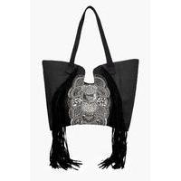 Fringed & Embellished Shopper Bag - black