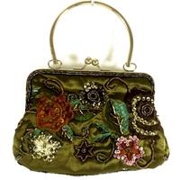 Frangi One Size Moss Coloured Embellished and Embroidered Clutch Bag With Metal Handle