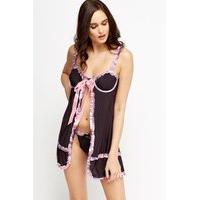 Frilled Contrast Tied Chemise And Thong Set