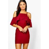 Frill Cold Shoulder Bodycon Dress - berry