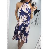 Freyanne Navy floral halterneck dipped hem dress