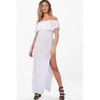 frill detail off the shoulder maxi dress white