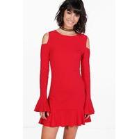 frill detail cold shoulder bodycon dress red