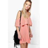 Frill Cold Shoulder Woven Swing Dress - blush