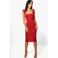 Frill Strappy Fitted Midi Dress - wine