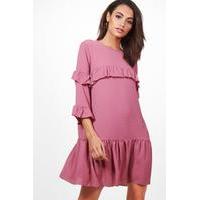 Frill Detail 3/4 Sleeve Shift Dress - mauve