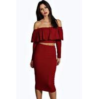 Frill Crop Top Midi Skirt Co-Ord Set - berry